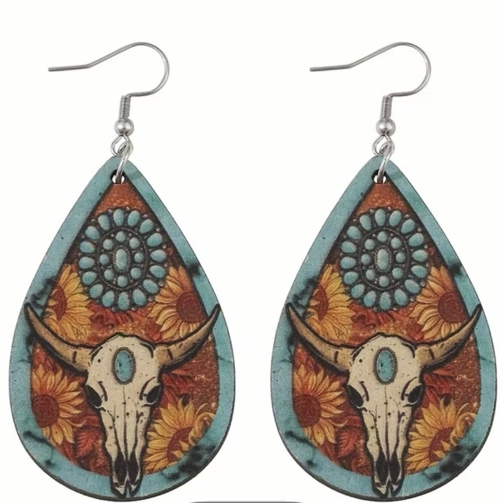 Boho Skull Sunflower Turquoise Teardrop‎ Earrings Western Statement Earrings